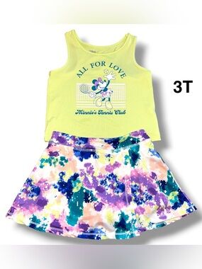Minnie’s Tennis Club Yellow Tank with Multicolor Skirt Set Size 3T